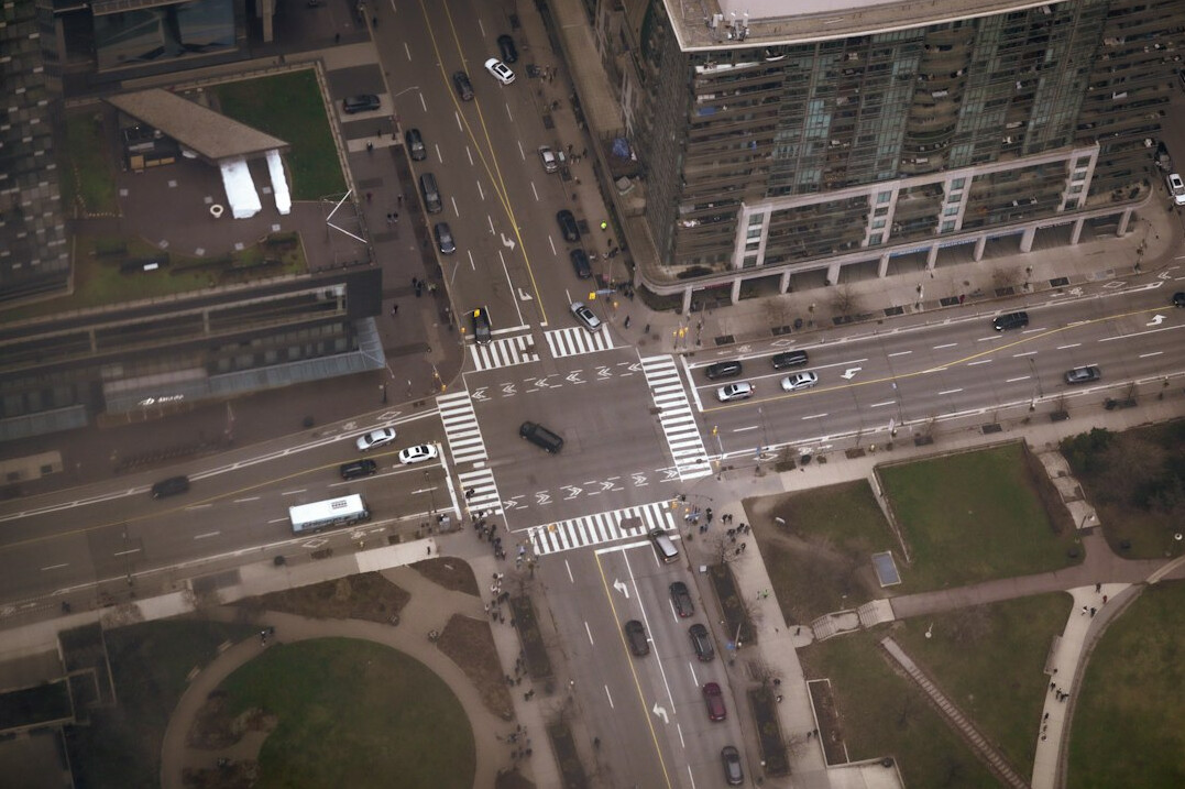Aerial view of a busy downtown Canadian city intersection
